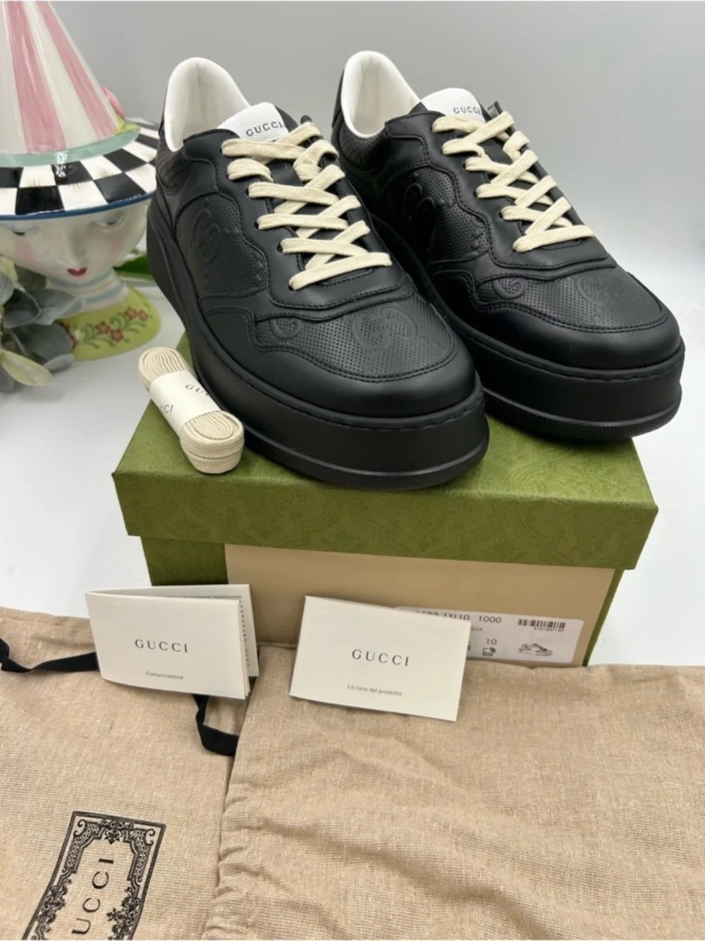 Men’s Gucci GG Embossed Black Leather Sneakers.  Size 10.(fits 10.5.)